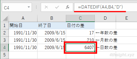 Excel（エクセル）で日付の差を計算する方法（DATEDIF）